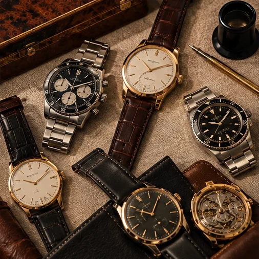 Illustrative collection of vintage-style watches on a table