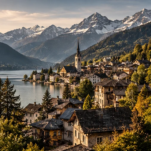 Illustration of an Alpine lakeside town and mountains